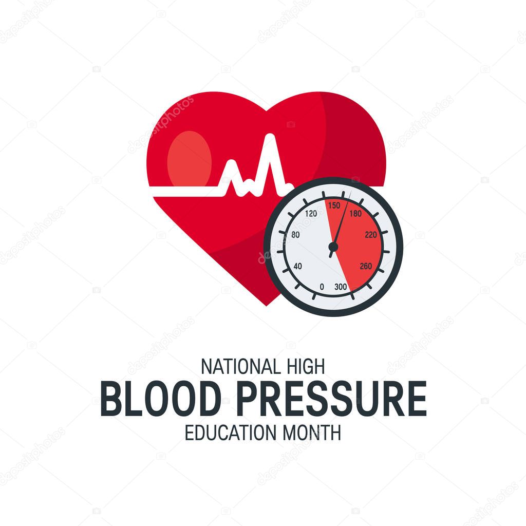 National high blood pressure education month concept. Simple design with heart and tonometer in flat style, vector