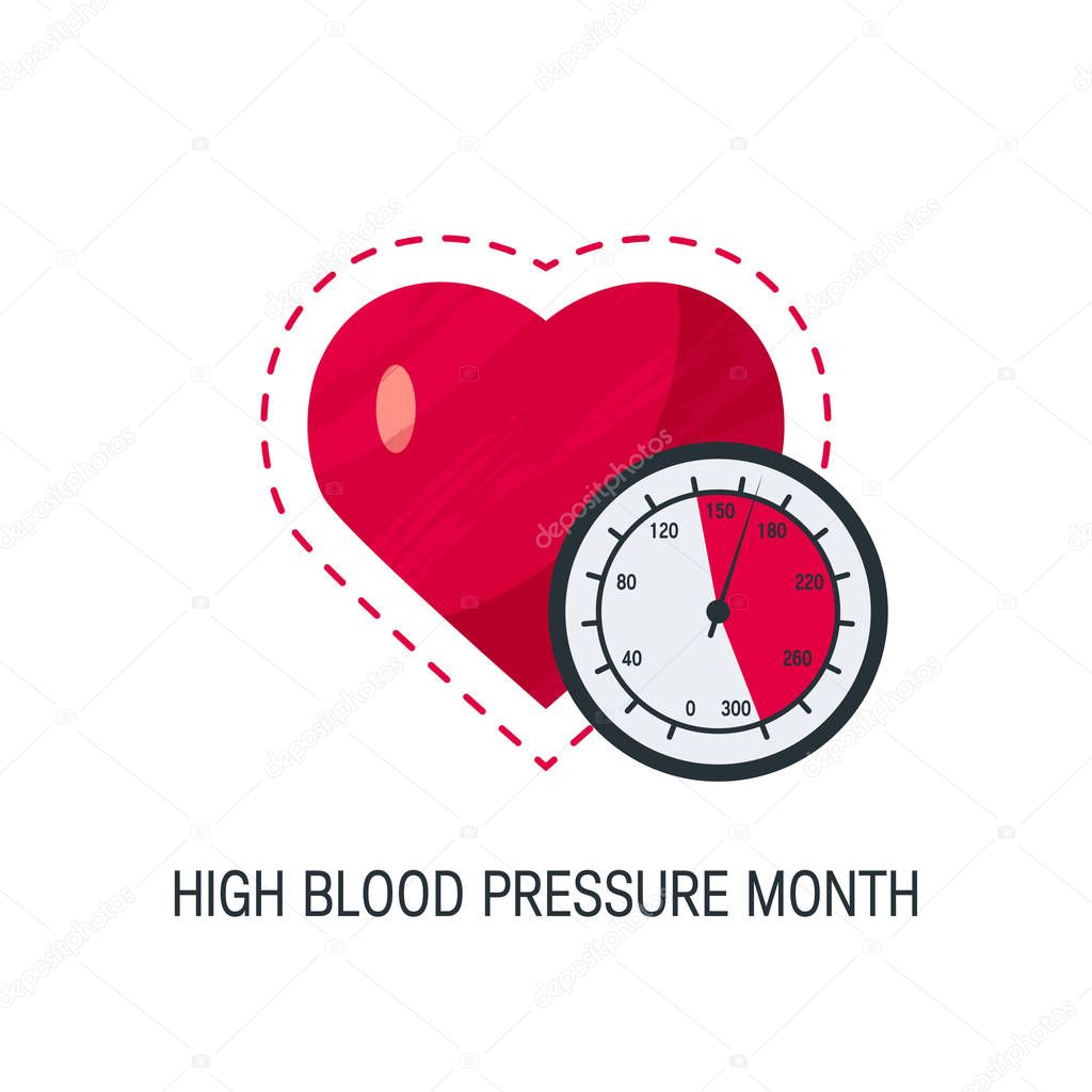 High blood pressure month concept. Simple design with heart and tonometer in flat style, vector