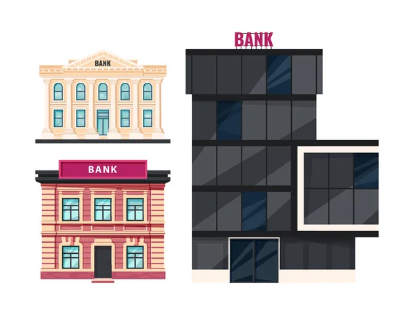 Fachada de edifícios de banco em estilo plano — Vetor de Stock
