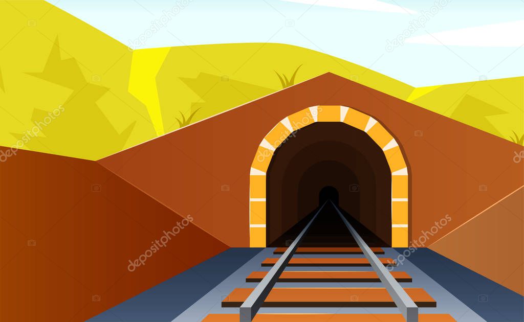 Tunnel road concept. Mountain view in flat style