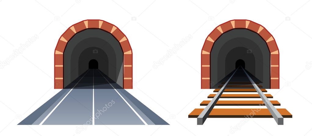 Road tunnel and railway tunnel., flat vector
