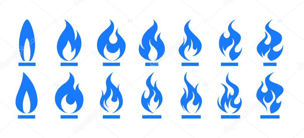 Gas flame icon. Blue fire pictogram set. Vector illustration isolated on a white background in flat style.