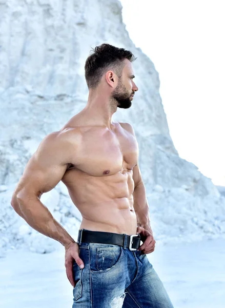 Homme musclé avec torse nu en jeans sur fond de montagne Image En Vente