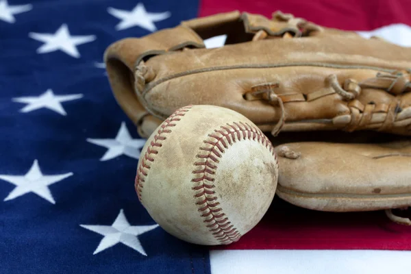 Baseball Amerikai Zászló Háttérben Mitt — Stock Fotó