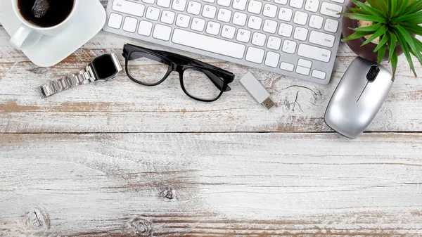 Vue Bordure Supérieure Bureau Rustique Blanc Travail Avec Beaucoup Espace — Photo