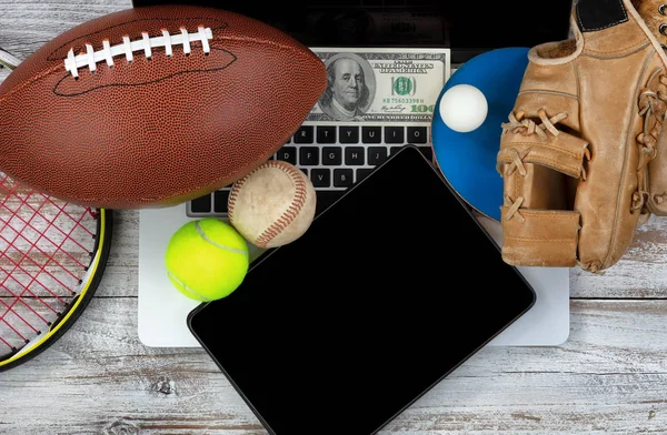 Overhead View Sports Equipment Computer Technology Money Betting Concept — Stock Photo, Image