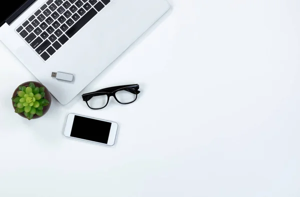 Top View White Desktop Technology Copy Space — Stock Photo, Image