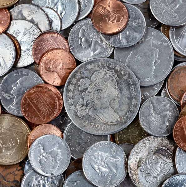 Overhead View Coins Rare One Middle Pile — Stock Photo, Image