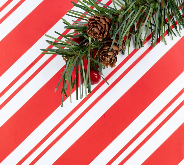 Weihnachten Gestreiftes Muster Mit Tannenzweig Gefüllten Rahmenformat Hintergrund — Stockfoto