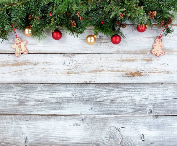 Bordo Superiore Natale Rami Sempreverdi Con Altre Decorazioni Natalizie Legno — Foto Stock