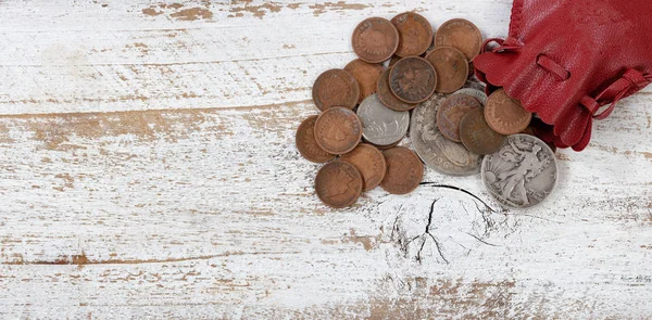 Bolsa Monedas Vintage Los Estados Unidos Madera Rústica Blanca —  Fotos de Stock