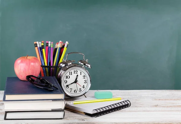 Time Back School Concept Including Books Stationery Supplies Green Chalkboard — Stock Photo, Image