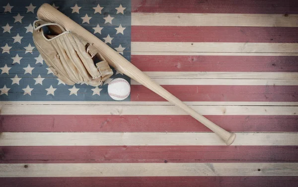 Old American Baseball Equipment Vintage United States Wooden Flag — Stock Photo, Image