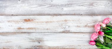 Bahar görüntü hala hayat pembe çeşitli çiçekler ile beyaz rustik arka planda anneler günü ve Paskalya tatil konseptiyle 