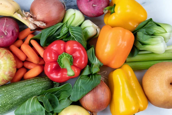 Zár Megjelöl Felső Kilátás Nyers Bio Zöldségek Gyümölcsök Egészséges Táplálkozás — Stock Fotó