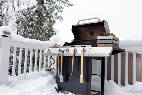 Cucina Barbecue Con Birra Carne Manzo Pronta Uso Inverno — Foto Stock