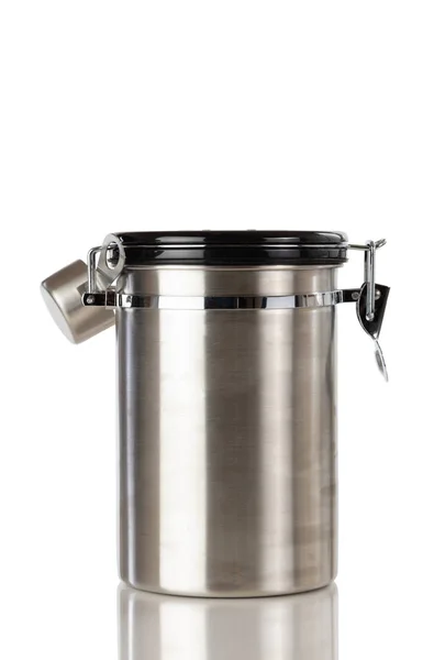 Stainless steel coffee ground container and scooper isolated on — Stock Photo, Image