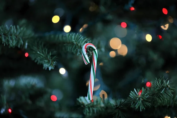 Árvore de Natal artificial tradicional com cana de doces pendurados ou — Fotografia de Stock