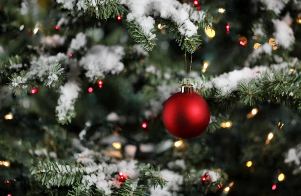 Ornement de Noël avec branches de sapin neigeux et lumières. Hiver de — Photo