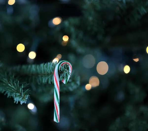 キャンディ杖と白の伝統的な人工クリスマスツリー — ストック写真