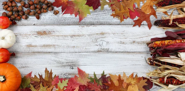 Decorações de outono na borda completa na boa de madeira rústica branca — Fotografia de Stock