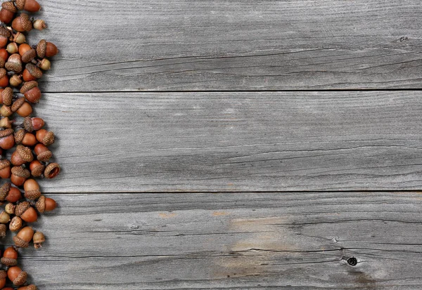 Acorns on left border of aged wood for the Thanksgiving Autumn h — Stock Photo, Image