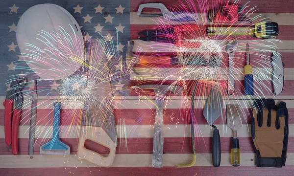 Munkásnapi Ünnepi Háttér Amerikai Egyesült Államok Munkavállalói Eszközökkel Amerikai Zászló — Stock Fotó