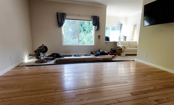 Renovation Home Floor Exposed Plywood Construction Tool New Red Oak — Stock Photo, Image