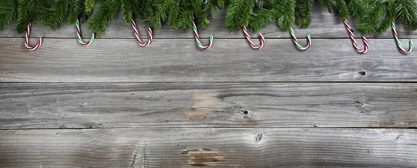 Merry Christmas Happy New Year Fir Branches Candy Canes Rustic — Stock Photo, Image