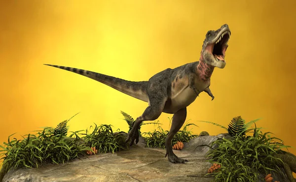 Rendering Dinosaurie Tarbosaurus Gul Bakgrund — Stockfoto