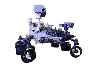 Beyaz arka plan üzerinde izole bir Mars rover uzay aracı 3D render