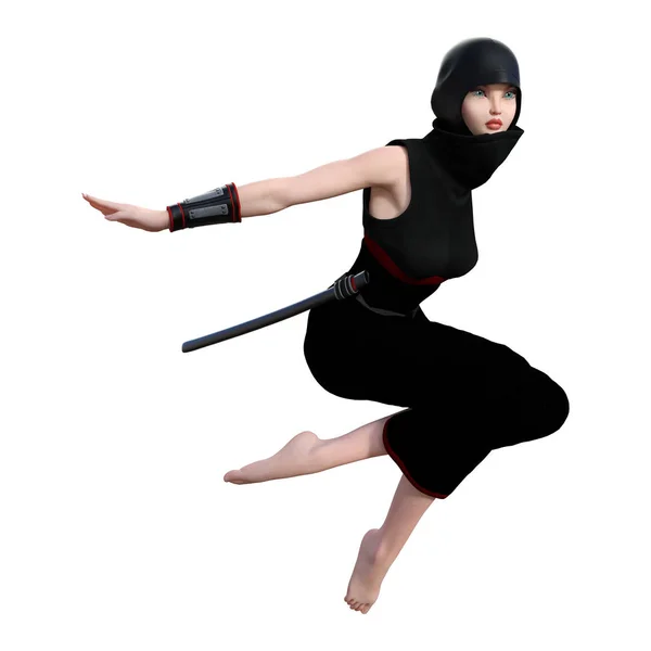 Rendering Kvinnlig Ninja Isolerad Vit Bakgrund — Stockfoto