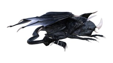 Beyaz arka plan üzerinde izole bir siyah fantezi ejderha 3D render