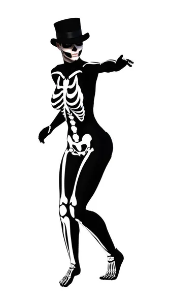 Рендеринг Молодой Женщины Костюме Скелета Хэллоуина Белом Фоне — стоковое фото