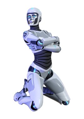 Beyaz arka planda izole edilmiş bir kadın robotun 3 boyutlu canlandırması