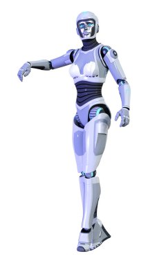 Beyaz arka planda izole edilmiş bir kadın robotun 3 boyutlu canlandırması