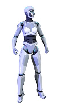 Beyaz arka planda izole edilmiş bir kadın robotun 3 boyutlu canlandırması