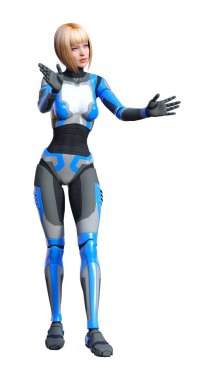 Beyaz arka planda izole edilmiş bir kadın robotun 3 boyutlu canlandırması