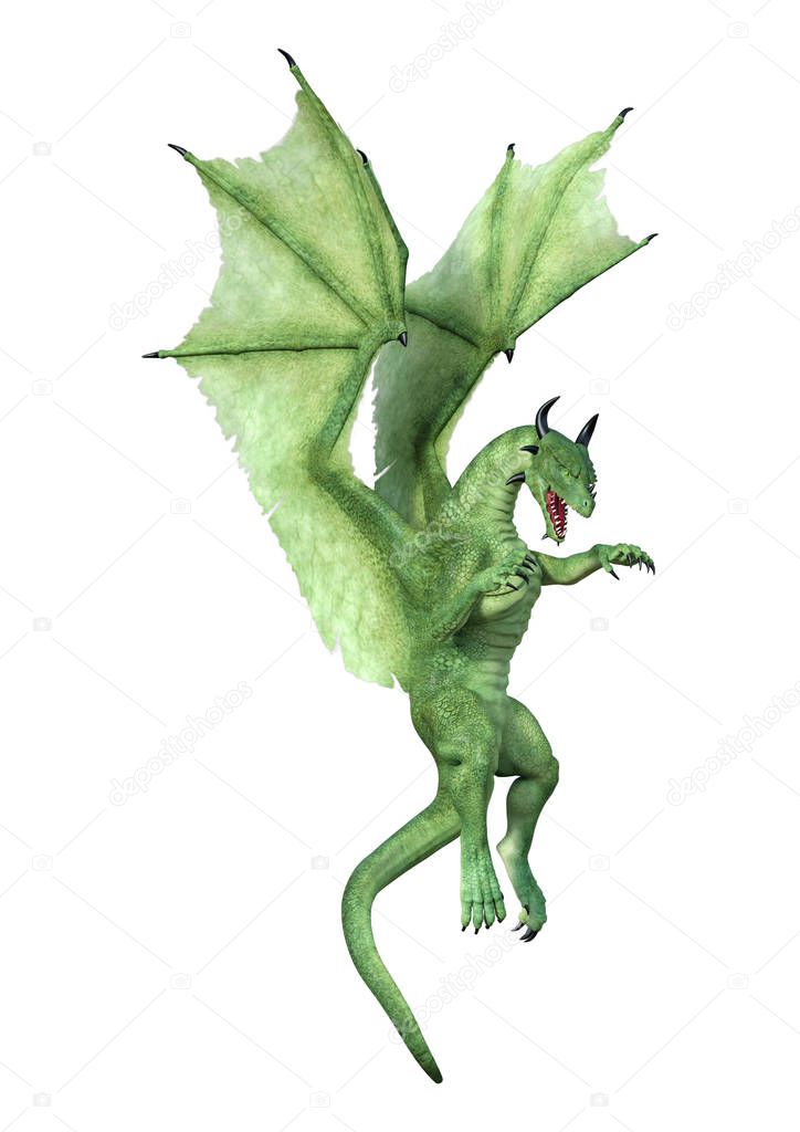 3D rendering of a green fairy tale dragon isolated on white background
