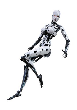 Beyaz arka planda izole edilmiş bir kadın robotun 3 boyutlu canlandırması