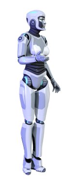 Beyaz arka planda izole edilmiş bir kadın robotun 3 boyutlu canlandırması