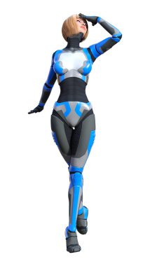 Beyaz arka planda izole edilmiş bir kadın robotun 3 boyutlu canlandırması