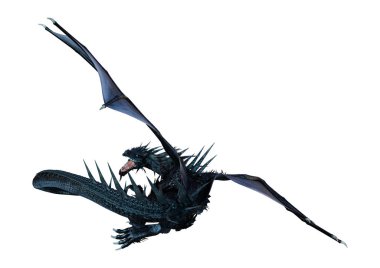 Beyaz arka plan üzerinde izole bir siyah masal ejderha 3D render