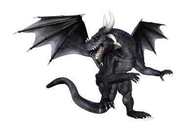 Beyaz arka plan üzerinde izole bir siyah masal ejderha 3D render