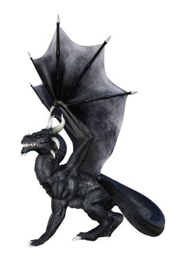 Beyaz arka plan üzerinde izole bir siyah masal ejderha 3D render