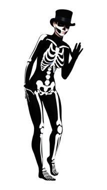 Cadılar Bayramı partisi için iskelet kostüm giyen genç bir kadının beyaz arka planda 3 boyutlu görüntüsü.