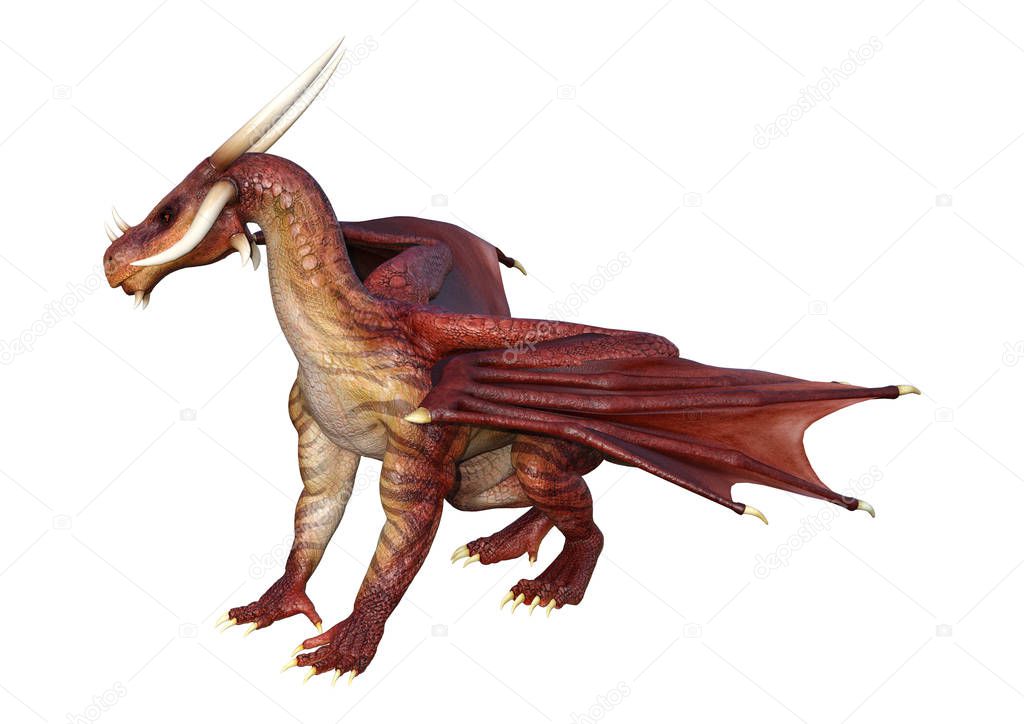 3D rendering of a red fairy tale dragon isolated on white background