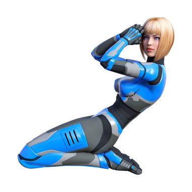 Beyaz arka planda izole edilmiş bir kadın robotun 3 boyutlu canlandırması