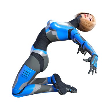 Beyaz arka planda izole edilmiş bir kadın robotun 3 boyutlu canlandırması