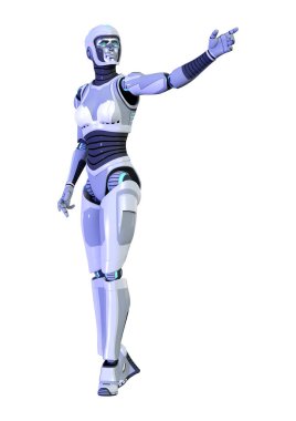 Beyaz arka planda izole edilmiş bir kadın robotun 3 boyutlu canlandırması